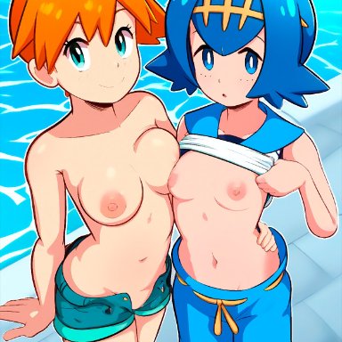 nintendo, pokemon, kasumi (pokemon), lana (pokemon), misty (pokemon), losforry custom, 2girls, aqua eyes, blue eyes, blue hair, breast size difference, breasts, female, freckles, human