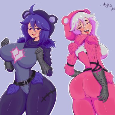 fortnite, cuddle team leader, raven team leader, applehot, 2girls, bear costume, big ass, bodysuit, cameltoe, large breasts, long hair, noncanonical design, pink clothing, purple clothing, purple hair