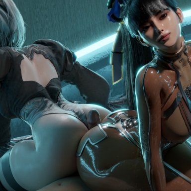 nier: automata, stellar blade, eve (stellar blade), yorha 2b, gretdb, 1boy, 2girls, android, android girl, asian female, ass, ass to ass, assjob, big thighs, butt crack