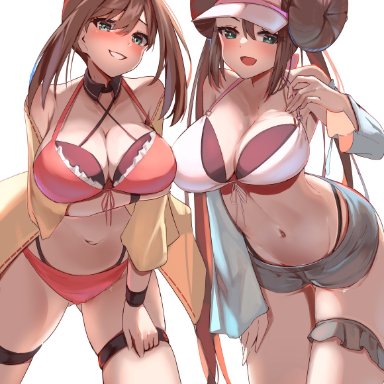 nintendo, pokemon, pokemon bw2, pokemon oras, may (pokemon oras), may (pokemon), rosa (pokemon), artist request, 2girls, bikini top, blue eyes, breasts, brown hair, cleavage, female