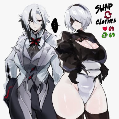 genshin impact, nier: automata, arlecchino (genshin impact), yorha 2b, kurenaiz1, 2girls, blindfold, breasts, cleavage, female, female only, large breasts, light skin, light-skinned female, thighs