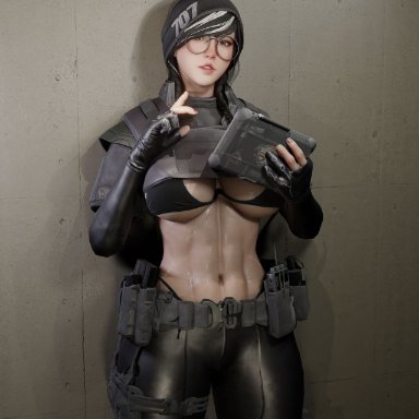 rainbow six siege, dokkaebi (rainbow six), soboro, abs, asian, asian female, big breasts, emotionless, emotionless female, female only, glasses, indifferent, large breasts, latex, latex bodysuit