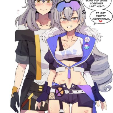 honkai: star rail, silver wolf (honkai: star rail), stelle (honkai: star rail), hinghoi, 2girls, bite mark, blush, females only, gloves, gray hair, hickey, kiss mark, long hair, shorts, silver eyes