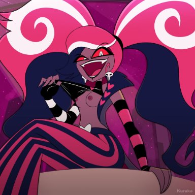 hazbin hotel, velvette (hazbin hotel), kuruko, breasts, clothed, lifting shirt, no bra, shameless, shirt lift, small breasts, accurate art style