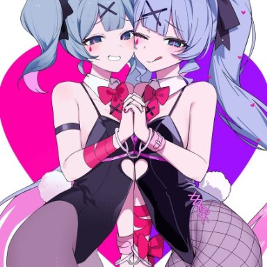 rabbit hole (vocaloid), vocaloid, hatsune miku, omrice4869, 2girls, ass, bunnysuit, different designs, female, female only, female with female, female/female, girls, girls only, handcuffs