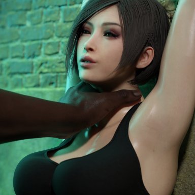 blacked, capcom, resident evil, resident evil 4 remake, ada wong, piroguh, 1boy, 1girls, against wall, aggressive male, black hair, blacked clothing, brown eyes, dark skin, dark-skinned male