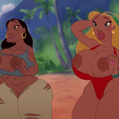 disney, lilo and stitch, lifeguard (lilo and stitch), nani pelekai, nerota, 2girls, bimbo, bimbo lips, bimbofication, blonde hair, cameltoe, child bearing hips, dark-skinned female, dick sucking lips, double chocolate