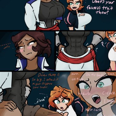 rooster teeth, rwby, elm ederne, nora valkyrie, jakearmorsmith, 1futa, 1girls, abs, animal genitalia, big breasts, blush, boob window, breasts, brown hair, bulge