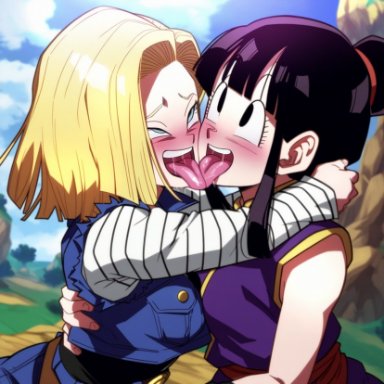 dragon ball, dragon ball z, android 18, chichi, powerhouserift, ahe gao, french kissing, kissing, sloppy, tongue kiss, tongue touching another's tongue, yuri, ai generated