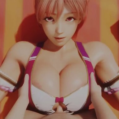 dead or alive, honoka (doa), tk173, 1boy, 1girls, average sized penis, beach, big breasts, big tits, eye contact, looking at viewer, looking back at viewer, nipple slip, paizuri, pink hair