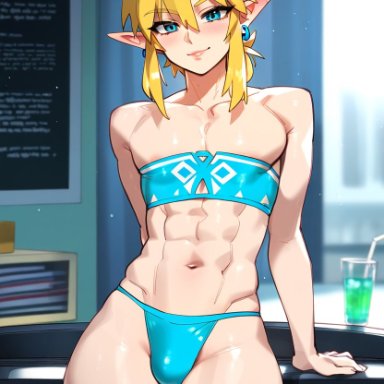 the legend of zelda, link, lustre, blonde hair, blue eyes, earrings, elf ears, femboy, hylian, light-skinned male, looking at viewer, male, pointy ears, solo, underwear