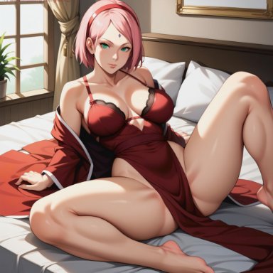 boruto: naruto next generations, naruto, naruto (series), sakura haruno, temptart, 1girls, adapted costume, arm support, arms at sides, babydoll, bare chest, bare shoulders, bare thighs, barefoot, bed