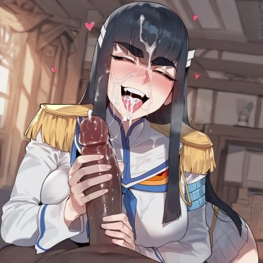 kill la kill, junketsu, kiryuuin satsuki, floox, 1boy, 1girls, black hair, blowjob, blue eyes, breasts, dark skin, dark-skinned male, female, huge cock, interracial