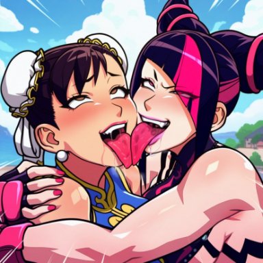 capcom, street fighter, street fighter 6, chun-li, juri han, powerhouserift, 2girls, female, female only, french kissing, human, kissing, multiple girls, tongue kiss, tongue touching another's tongue