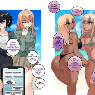 original, original characters, erasethismail, 2girls, ass, big ass, big breasts, big butt, bikini, bimbo, bimbofication, bitchy, black bikini, black hair, body transformation