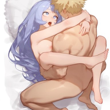 my hero academia, katsuki bakugou, nejire hado, 1boy, 1boy1girl, 1girls, barefoot, blonde hair, blonde male, blue eyes, blue hair, blue hair female, blush, boy on top, breasts