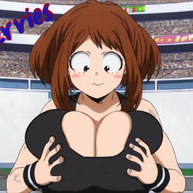 boku no hero academia, my hero academia, ochako uraraka, uraraka ochako, booberries morphs, 1girls, breast expansion, breast grab, breast inflation, breasts, looking down at breasts, wide eyed, anime, edit, edited screencap