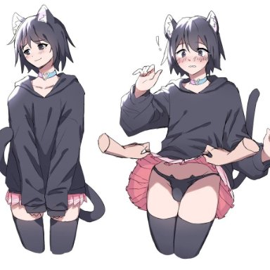 original, original character, yozora1326, 1boy, black hair, blush, cat ears, cat tail, catboy, collar, crossdressing, disembodied hands, femboy, femboy focus, hoodie