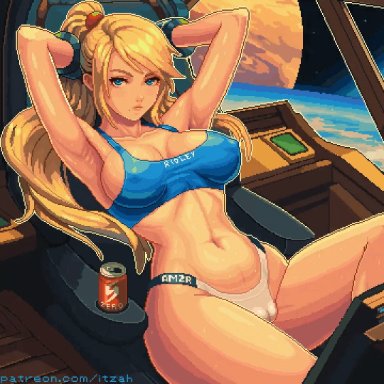 metroid, nintendo, samus aran, itzah, arms up, blinking, blonde hair, blue eyes, breasts, cameltoe, cleavage, drink, female, female only, large breasts