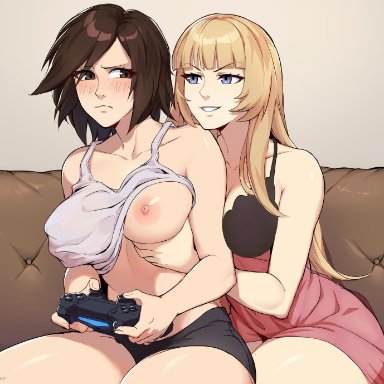 namco, tekken, emilie de rochefort, kazama asuka, allen skies, 2girls, bare shoulders, blush, breasts, brown eyes, brown hair, cleavage, controller, game controller, gamepad