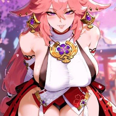 genshin impact, yae miko, creamy ai, breasts, curvy, japanese clothes, large breasts, pink hair, purple eyes, sideboob, thick thighs, wide hips, ai generated