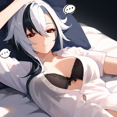 genshin impact, arlecchino (genshin impact), 1girls, bed, bed sheet, black bra, bra, breasts, cleavage, female, female only, looking at viewer, lying, on bed, pillow