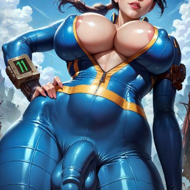 fallout, vault dweller, naikedart, 1futa, ball bulge, balls, bodysuit, bulge, futa only, futanari, huge breasts, intersex, solo, testicles, ai generated