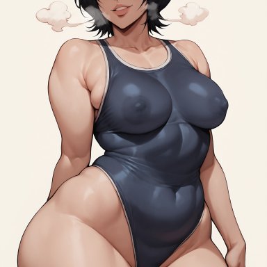 bleach, kuchiki rukia, daulawkins, 1girls, big ass, black hair, looking at viewer, medium breasts, nipple bulge, nipples, purple eyes, showing off, smile, solo, swimsuit