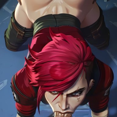 arcane, league of legends, arcane vi, vi, failheroai, 1girls, 2boys, abs, angry, angry expression, angry face, big ass, blowjob, blue eyes, bubble butt