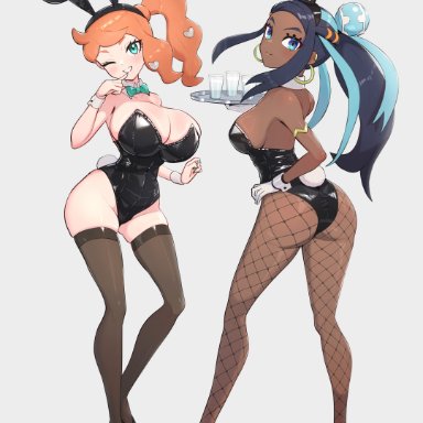 nintendo, pokemon, pokemon ss, nessa (pokemon), sonia (pokemon), gonzarez, 2girls, aqua eyes, ass, big ass, blue eyes, blue hair, breast size difference, breasts, bunny ears