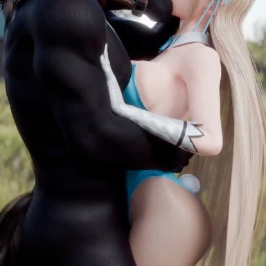 blue archive, asuna (blue archive), asuna (bunny) (blue archive), comandorekin, rekin3d, anthro, anthropomorphic, bunnygirl, bunnygirl outfit, french kiss, hand on another's head, hand on head, horse, horse man, humping