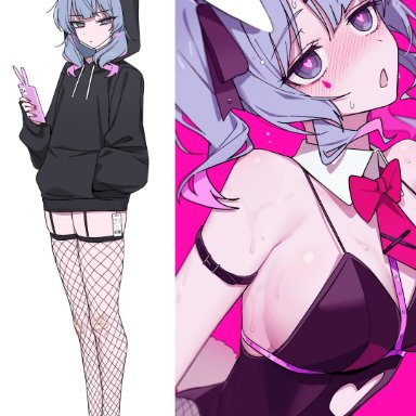 rabbit hole (vocaloid), vocaloid, hatsune miku, caststation, 1girls, ahe gao, before and after, blue hair, blush, bunny girl, bunnysuit, e-girl, egirl, fishnet stockings, fishnets