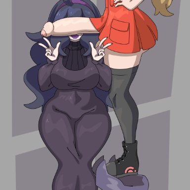 nintendo, pokemon, pokemon xy, hex maniac, serena (pokemon), alfwenx, 1futa, 1girls, balls, big penis, blonde hair, bottomless, breasts, clothed, clothing