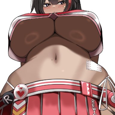 goddess of victory: nikke, bay (nikke), kurorettsu, bandaid on stomach, blush, breasts, cheerleader, crop top, cute fang, dark skin, dark-skinned female, female, from below, grey eyes, hair between eyes