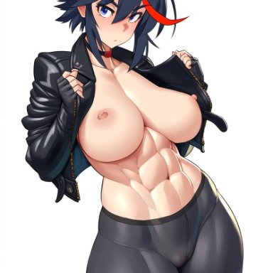 kill la kill, matoi ryuuko, abs, choker, exposed breasts, midriff, muscular female, open jacket, shiny skin, short hair, solo, tomboy, ai generated