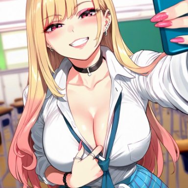 sono bisque doll wa koi wo suru, kitagawa marin, alterism, 1girls, big breasts, blonde hair, blush, cellphone, choker, cleavage, clothes pull, collared shirt, curvaceous, curvy, curvy figure