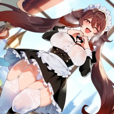 genshin impact, hu tao (genshin impact), henrik n, blush, from below, happy, looking at viewer, maid, maid outfit, panties, thick thighs, ai generated, novelai, thiccwithaq (ai style)