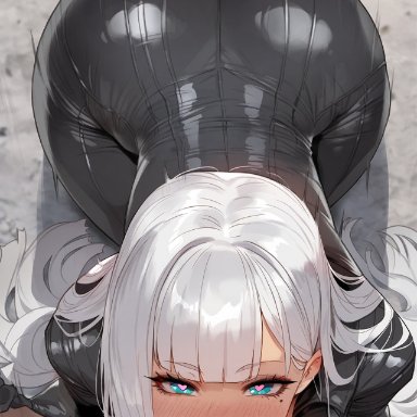 azur lane, shoukaku (azur lane), floox, 1boy, 1girls, ass, blowjob, blue eyes, bodysuit, breasts, dark skin, dark-skinned male, dat ass, female, hips