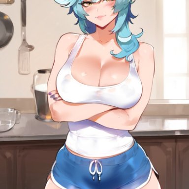 genshin impact, eula (genshin impact), ldoe art, big breasts, cleavage, crossed arms, light blue hair, light-skinned female, shiny skin, shorts, wide hips, ai generated, artstyle imitation, thiccwithaq (ai style)