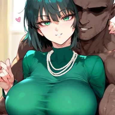 one-punch man, fubuki (one-punch man), nakatori, 1boy, 1girls, bare arms, bare shoulders, big breasts, blush, dark skin, dark-skinned male, dress, female, green eyes, green hair