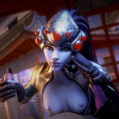 overwatch, overwatch 2, widowmaker, sensualsirens, 1boy, 1female, 1girls, blue body, blue hair, breasts, breasts apart, breasts out, female, female focus, female human