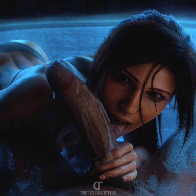 tomb raider, lara croft, lara croft (survivor), dtee3d, big penis, breasts, breasts out, female, female focus, female on top, grabbing penis, imminent sex, light-skinned male, no bra, oral