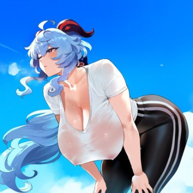 genshin impact, ganyu (genshin impact), henrik n, ahoge, bangs, bending forward, bending over, blue sky, booba, breasts, busty, cleavage, cloud, female, hanging breasts