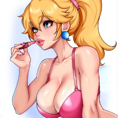 mario (series), nintendo, princess peach, darkmoney1, 1girls, applying lipstick, big breasts, blonde hair, blue earrings, blue eyes, bra, breasts, cleavage, detailed eyes, earring