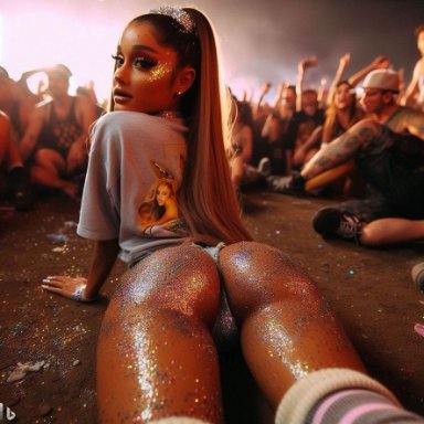 ariana grande, ass, ass cleavage, ass focus, crowd, floor, glitter, looking at viewer, looking back, lying, lying down, lying on floor, lying on stomach, panties, ponytail