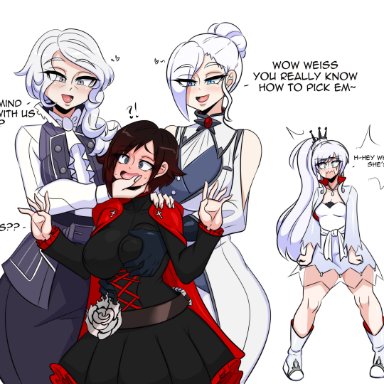 rwby, ruby rose, weiss schnee, willow schnee, winter schnee, kinathefox, 4girls, age difference, alternate breast size, big breasts, black hair, blue eyes, breast grab, breasts, cuckquean