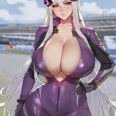 azur lane, kearsarge (azur lane), floox, 1girls, bodysuit, breasts, female, female only, hips, huge breasts, light skin, light-skinned female, long hair, purple eyes, thick thighs