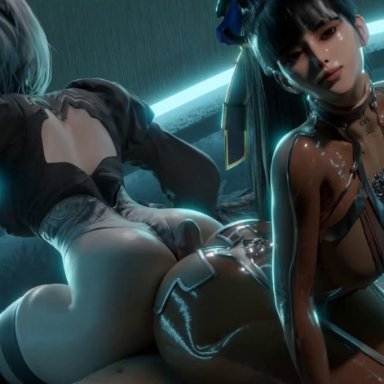 nier: automata, stellar blade, eve (stellar blade), yorha 2b, gretdb, 1boy, 2girls, android, android girl, asian female, ass to ass, assjob, big thighs, butt crack, buttjob