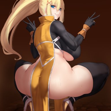 darkness (konosuba), aster crowley, 1girls, ass, back, back view, backboob, big ass, big breasts, black thighhighs, blonde hair, blue eyes, breasts, double peace sign, female