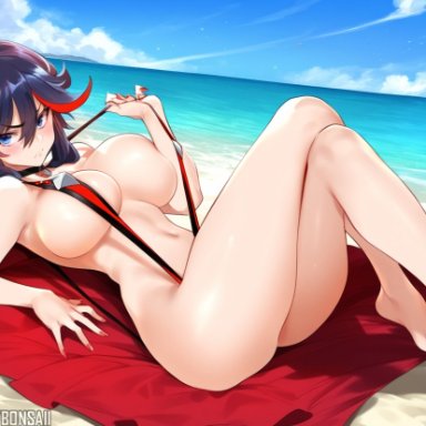 kill la kill, matoi ryuuko, bons ai, 1girls, asian female, bare arms, bare legs, bare shoulders, bare thighs, beach, big breasts, black hair, blue eyes, blush, clothed